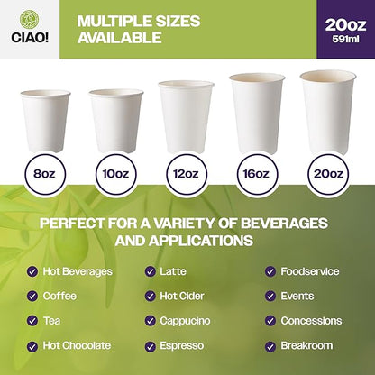 CIAO! 20oz White Paper Hot Cup, Disposable, 90mm Diameter 600 Count