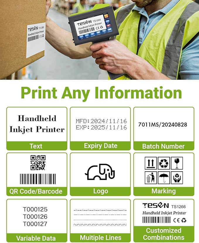 TESEN 2025 New Upgrade Handheld Inkjet Printer with 1/2 Inch (12.7mm) Printhead for Date Time Logo Batch Number QR Code Barcode Quick Drying Printing on Plastic Wood Carboard Metal Glass and More