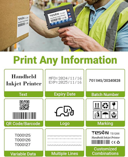 TESEN 2025 New Upgrade Handheld Inkjet Printer with 1/2 Inch (12.7mm) Printhead for Date Time Logo Batch Number QR Code Barcode Quick Drying Printing on Plastic Wood Carboard Metal Glass and More