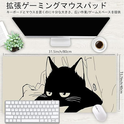 Gaming Mouse Pad XXL Extended Anime Mouse Pad 31.5x15.7inch, Large Cute Kawaii Big Computer Mouse Mat Desk Pad with Non-Slip Rubber Base and Stitched Edge for Home Office-Black Cat