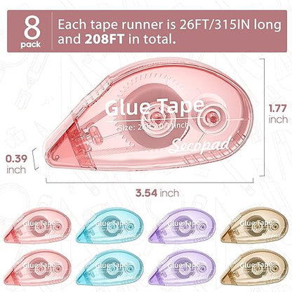 8 Pack Scrapbook Tape, Double Sided Tape for Crafts, Adhesive Glue Runner for Scrapbooking Journaling Supplies, Glue Roller for Kids and Adults School Office Teacher Supplies, 0.3IN x 26FT
