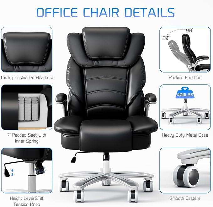 GYI Big and Tall Office Chair 400lb Wide Seat, Ergonomic High Back Leather Executive Desk Chair with Flip-up Arms, Black