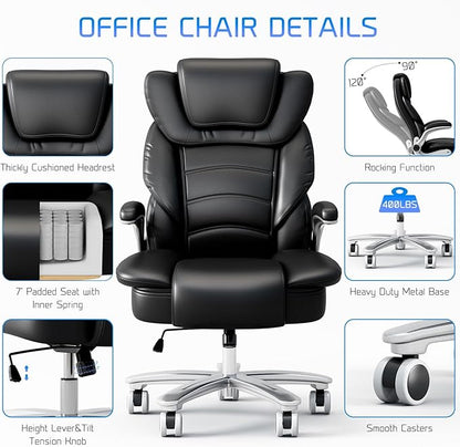 GYI Big and Tall Office Chair 400lb Wide Seat, Ergonomic High Back Leather Executive Desk Chair with Flip-up Arms, Black