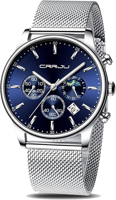 CRRJU Men's Fashion Casual Watches Auto Date Chronograph Watch Men Nice Work Watches Waterproof 30M Full Steel Quartz with Mesh Strap