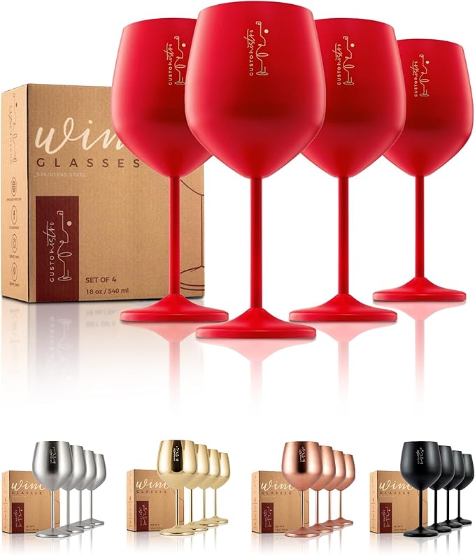 Gusto Nostro Valentine’s Day Gift Stainless Steel Wine Glass – 18 oz Red, Unbreakable Colorful Wine Glasses for Travel, Camping and Pool – Cute, Unique Metal Wine Glass for Outdoor, Picnics (Set of 4)