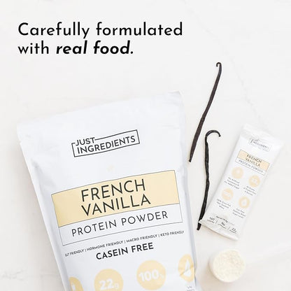 JUST INGREDIENTS French Vanilla Protein Powder – 30 Serving Bag – Grass-Fed Whey & Plant Protein Blend with Real Vanilla Bean – Sweetened with Coconut Sugar & Monk Fruit, Non-GMO, Gluten-Free