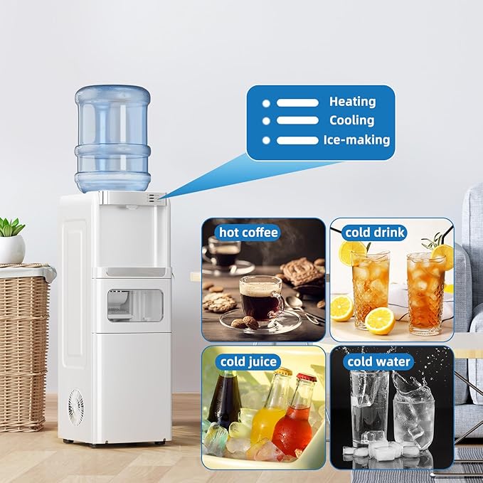 Antarctic Star 3-in-1 Hot and Cold Water Cooler Dispenser with Built-in Ice Maker, for 3 to 5 Gallon Bottle Water Dispenser，with Child Safety Lock，White