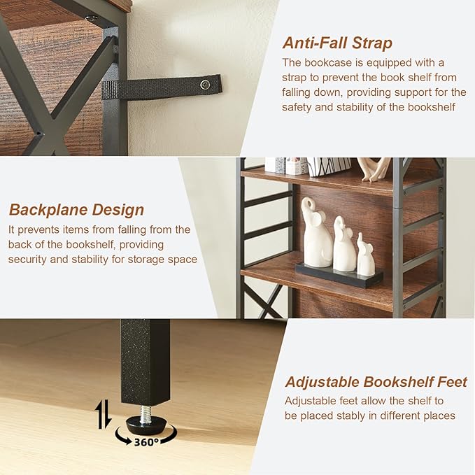 HOMBAZAAR 6 Tier Bookshelf, 65.8 Inch Tall Rustic Bookshelf with Metal Frame, Industrial Heavy Duty Bookshelves and Bookcases, Open Book Shelf for Office, Living Room and Library, Brown