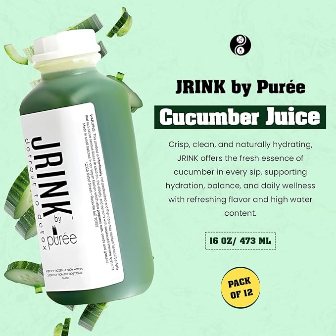 JRINK by Purée Organic Cucumber Juice, Cold Pressed Detox Drink, Healthy Cleanse with No Preservatives, Fresh Raw Juice in HDPE Bottles, Organic Fruit and Vegetable Cleanse Beverage, 16oz, Pack of 12