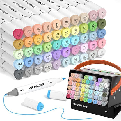 Shuttle Art Pastel Alcohol Markers Brush tip, Dual Tip Brush & Fine Tip Art Marker Set, 50 Colors plus 1 Blender Marker Pens with Case Perfect for Illustration Kids Students Adults Coloring Sketching