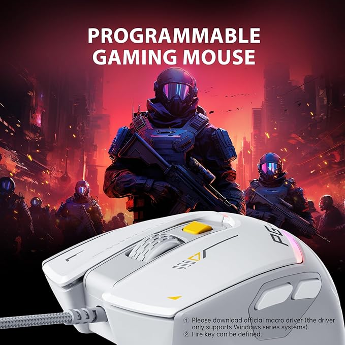 INPHIC PG1 Wired Computer Gaming Mouse Ergonomic, 12800 DPI High-Precision, 6 Programmable Buttons, RGB Backlit for Gaming - White Gray