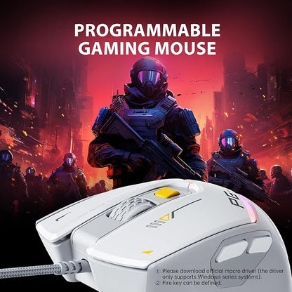INPHIC PG1 Wired Computer Gaming Mouse Ergonomic, 12800 DPI High-Precision, 6 Programmable Buttons, RGB Backlit for Gaming - White Gray