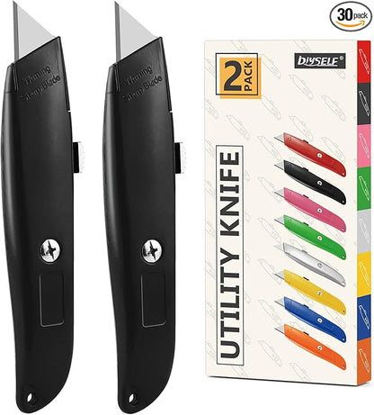 DIYSELF 30 Pack Box Cutter Heavy Duty Aluminium Shell Utility Knife | SK5 Steel Sharp Blade | Retractable Knife for Cutting Cartons Ropes and Cardboard | Home and Office Use (Black)