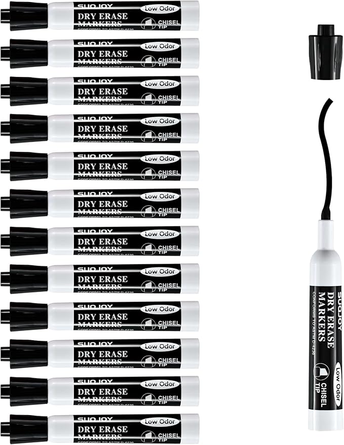 Dry Erase Markers, Chisel Tip Whiteboard Marker, Low Odor Thick Dry Markers, 12 Bulk Black Color Markers for Kids/Teachers.