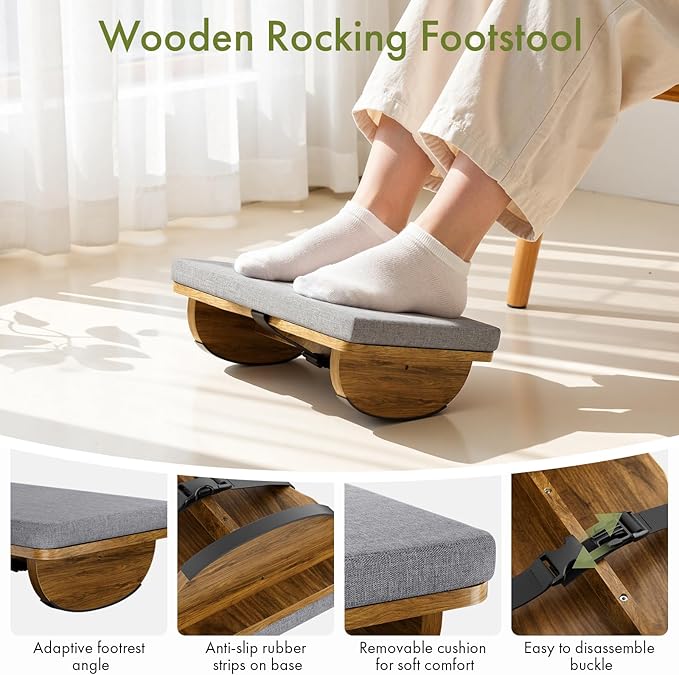 Wooden Under Desk Foot Rest,Foot Stool with Detachable Cushion,Ergonomic Rocking Footrest for Work & Home,Leg Relief & Foot Support,Improves Posture and Blood Circulation