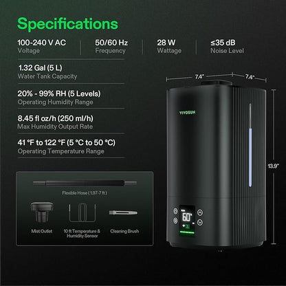 VIVOSUN AeroStream H05 Intelligent Wi-Fi Humidifier, 1.32 Gal / 5 L Humidifier with Temp & Humidity Probe, Smart Remote Control, Designed for Growers (Pack of 2)