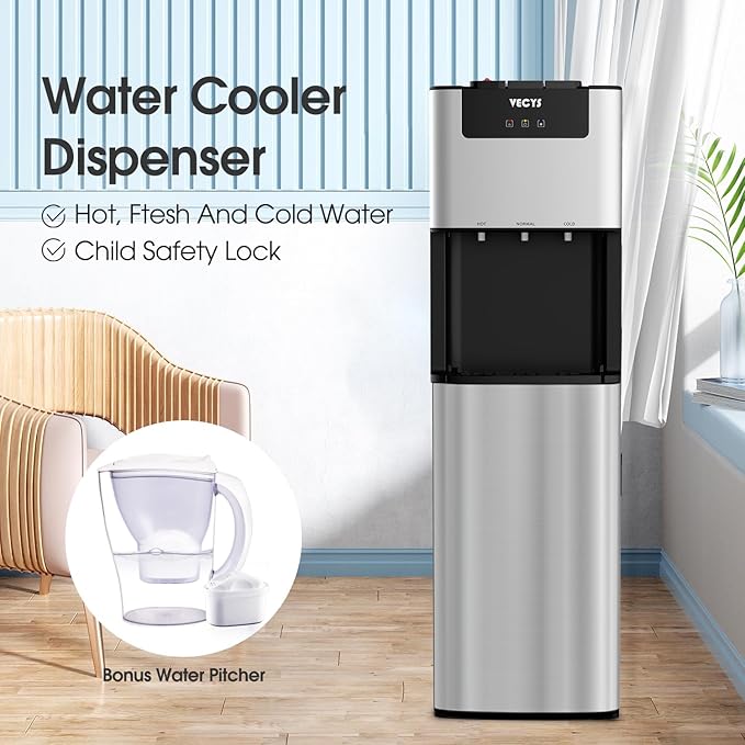 VECYS Bottom Loading 3 5 Gallon Self-Clean Water Dispenser, Hot Cold Room Temper Water Cooler with Child Safety Lock, 304 Stainless Steel Reservoirs and Water Intake Tube