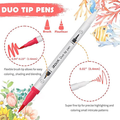 ZSCM Art Duo Tip Brush Markers Set, 60 Colors Fine Brush Tip Artist Drawing Pens Set with Coloring Book, for Adult Sketching Journal Planner Gifts
