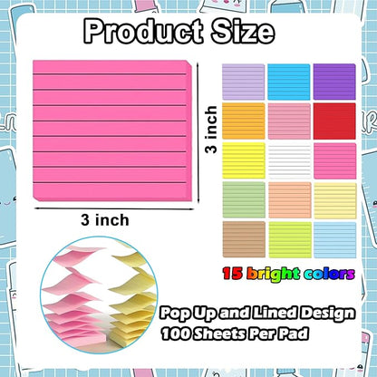 15 Pads Pop Up Sticky Notes,15 Bright Colors Self-Stick Notes Pads with Lines,1500 Sheet Lined Sticky Notes 3x3 Inch Pop up Refills,Clean Removal,Assorted Pastel Colors,100 Sheets/Pad