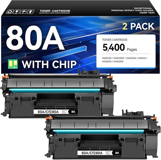 80A Toner Cartridge Black 2-Pack with Chip High Yield Replacement for HP 80A CF280A Compatible with HP Laserjet Pro 400 MFP M425dn M425dw M401dn M401dw M401n M401dne Printer M425 M401 Series Ink Copy