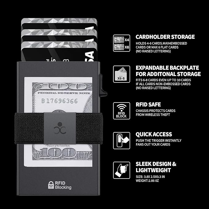 Slim Aluminum Card Holder Wallet for Men, Durable Expandable Backplate, RFID Blocking Minimalist Metal Pop Up Wallet, Holds 12+ Cards Plus Cash