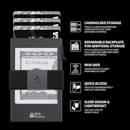 Slim Aluminum Card Holder Wallet for Men, Durable Expandable Backplate, RFID Blocking Minimalist Metal Pop Up Wallet, Holds 12+ Cards Plus Cash
