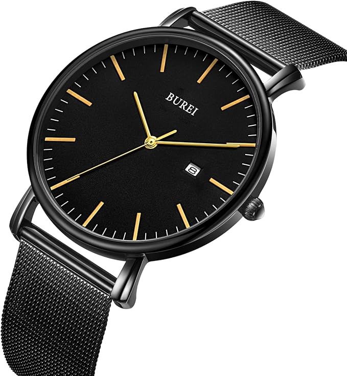 BUREI Men Watches Brown Leather Fashion Minimalist Wrist Watch Simple Ultra Thin Waterproof Quartz Watches All Black Stainless Steel Mesh Band,Gift for Men Women