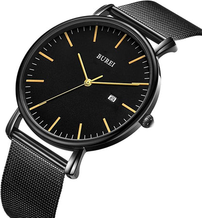 BUREI Men Watches Brown Leather Fashion Minimalist Wrist Watch Simple Ultra Thin Waterproof Quartz Watches All Black Stainless Steel Mesh Band,Gift for Men Women