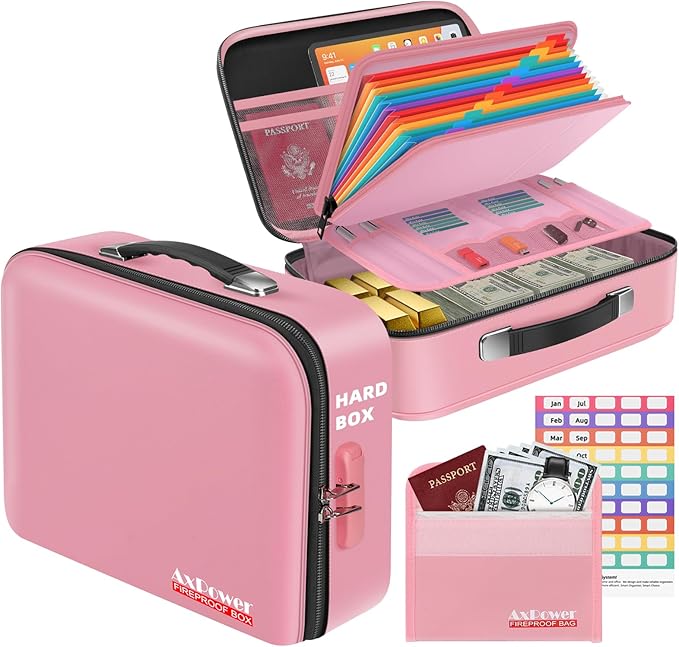 Fireproof Document Box Hard Case With Lock, Multi-Layer Fire Proof Water Resistant Safe Box File Organizer Bag With Small Money Bag for Important Documents Passport Certificates Laptop (Pink)