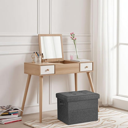 Storage Ottoman Foot Rest, Folding Linen Cotton Ottoman with Storage with Side Pockets and Handle, Foot Stool for Lounge, Study Corner, Home Office, 17x17x13 Inches, Dark Gray
