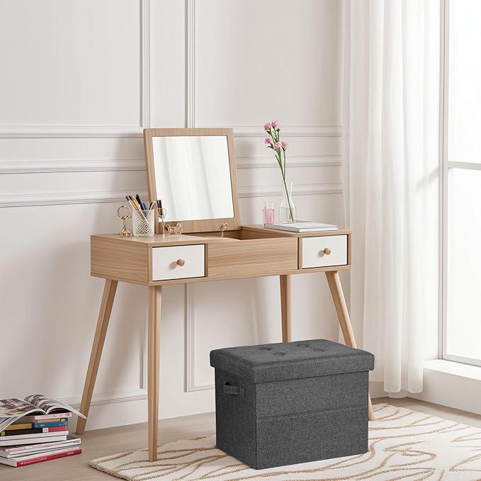 Storage Ottoman Foot Rest, Folding Linen Cotton Ottoman with Storage with Side Pockets and Handle, Foot Stool for Lounge, Study Corner, Home Office, 17x17x13 Inches, Dark Gray
