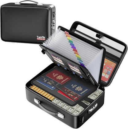 Tamfile Fireproof Document Box, Hard-Shell Design Case 5200°F Fireproof Water Safe File Box with Lock,8-Layer Fireproof Safe File Organizer for Important Documents、Valuables、Laptop、Passports (Black)