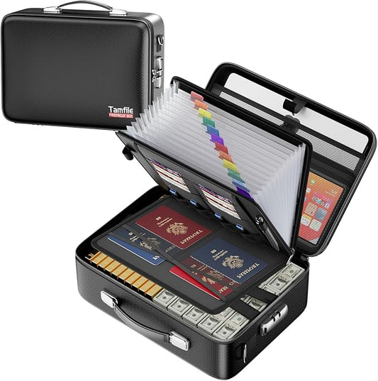 Tamfile Fireproof Document Box, Hard-Shell Design Case 5200°F Fireproof Water Safe File Box with Lock,8-Layer Fireproof Safe File Organizer for Important Documents、Valuables、Laptop、Passports (Black)