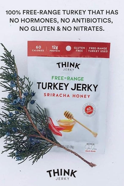 Think Jerky Sriracha Honey Turkey Jerky, High Protein Free-Range Turkey, Gluten Free, No Antibiotics or Nitrates, Healthy Chef Crafted Recipe, Low Calorie and Low Fat - 1.0 oz Bags, 12 Pack