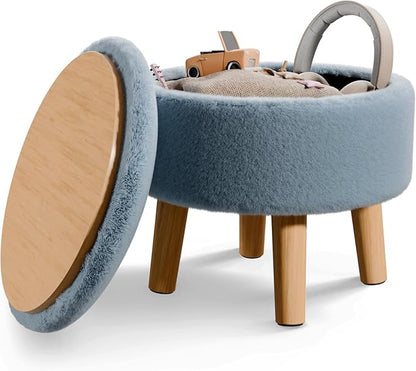Poofzy Small Ottoman with Storage, Small Foot Stool Ottoman with Wood Legs, Faux Fur Foot Rest for Couch, Living Room and Bedroom - Smog Blue