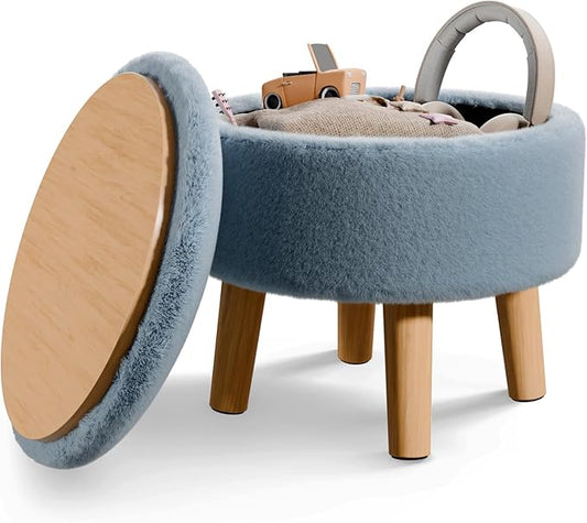 Poofzy Small Ottoman with Storage, Small Foot Stool Ottoman with Wood Legs, Faux Fur Foot Rest for Couch, Living Room and Bedroom - Smog Blue