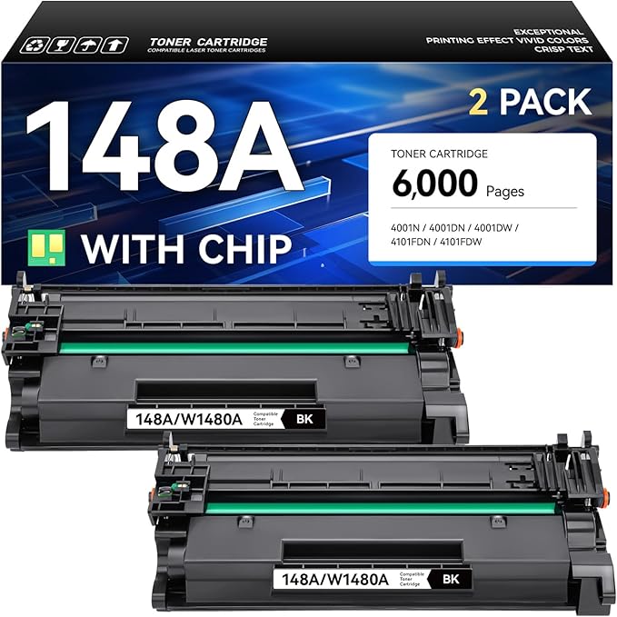 148A Toner Cartridge with Chip Black 2-Pack High Yield Replacement for HP 148A W1480A 148X W1480X Compatible with HP LaserJet Pro MFP 4101dw 4101fdn 4101fdw 4001dn 4001dw 4001n Printer Ink 4001 4101 e