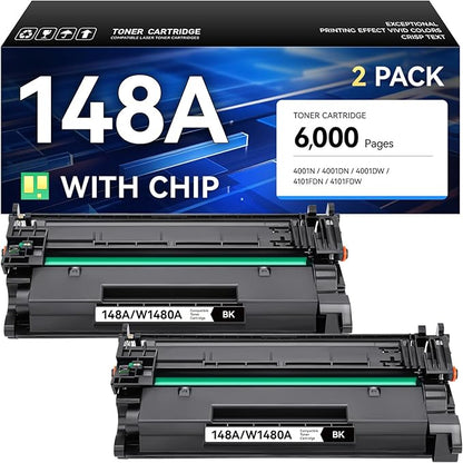 148A Toner Cartridge with Chip Black 2-Pack High Yield Replacement for HP 148A W1480A 148X W1480X Compatible with HP LaserJet Pro MFP 4101dw 4101fdn 4101fdw 4001dn 4001dw 4001n Printer Ink 4001 4101 e