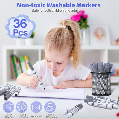 Janlaugh 36 Pcs Gray Washable Markers Bulk Coloring Broad Line Markers for Kids Gray Conical Tip drawing pen for School Supplies, travel Art baby shower gender reveal party Supplies, Ages 6+