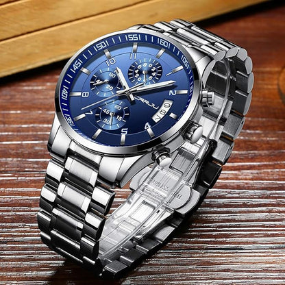 CRRJU Men's Fashion Stainless Steel Watches Date Waterproof Chronograph Wristwatches,Black Steel Band Waterproof Quartz Watch for Men