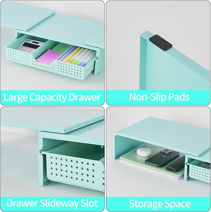 Dual Monitor Stand Riser with Drawer, Desk Organizer and Accessories, Metal Laptop Stand for Desk, Workspace Desktop Stand for Computer, Laptop, TV and More (Sky Blue)