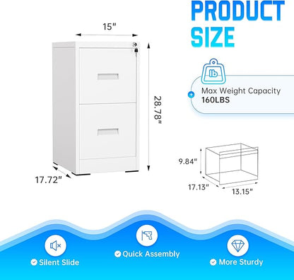 Greenvelly 18" D File Cabinet, 2 Drawer Filing Cabinet with Lock, Locking Vertical File Cabinet for Home Office, White Metal File Cabinet for Hanging Letter/Legal Folders, Easy Assemble