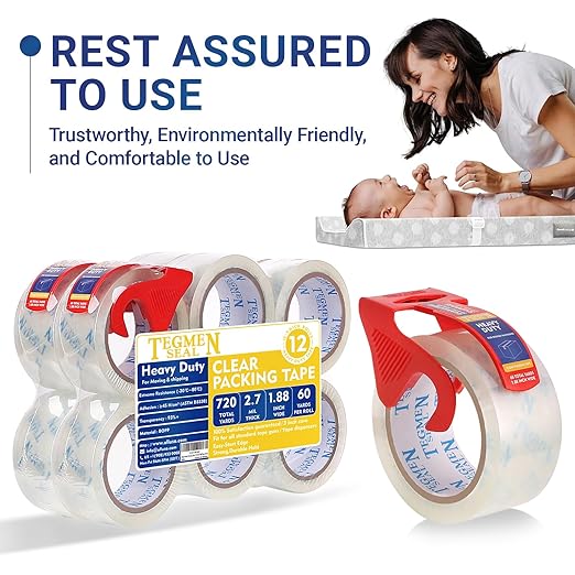 Heavy Duty Clear Packing Tape with Dispenser Combo for Shipping, Moving & Storage,Thicker Clear Packing Tape, 1.88 inches Wide, 60 Yards Per Roll, 12 Pack 720 Total Yards