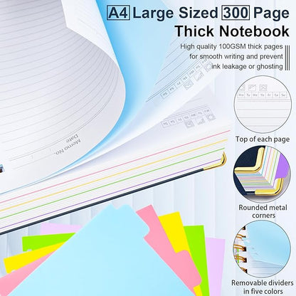 Hardcover Spiral Notebook 8.5"x11" Journal Notebook with Tabs and Removable Dividers 300 Pages 5 Subject Notebook College Ruled, Faux Leather Spiral Bound Notebook for Women School Work(Dark Blue)