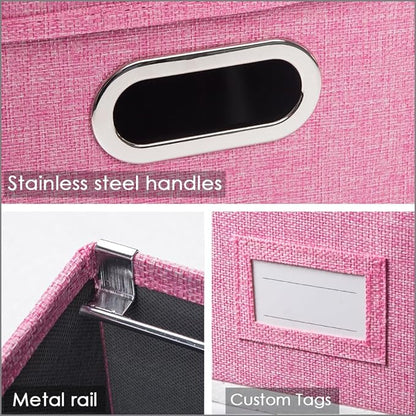PRANDOM File Organizer Box - Set of 4 Collapsible Decorative Linen Filing Storage Hanging File Folders with Lids Office Cabinet Letter Size Pink (14x9.3x10.8 inch)