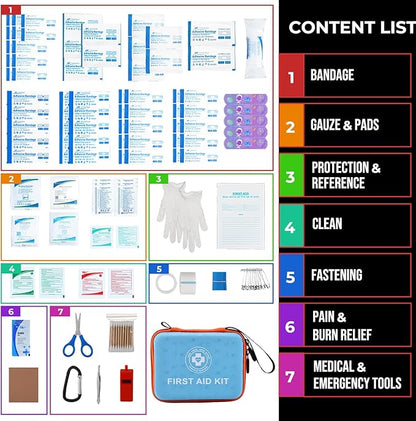 Small First Aid Kit - 165 Piece Dual-Color Emergency Medical Kit with Hard Shell & Fluorescent Exterior Coating, Emergency First Aid Kit for Home, Car, Travel, Hiking & Outdoor(Blue/Orange)
