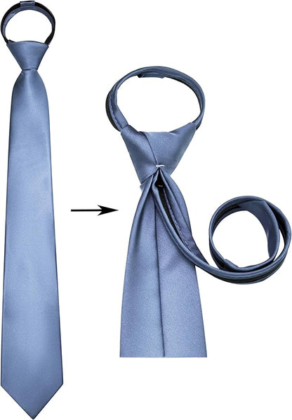Branduce 3.15"（8cm） Pre-tied Adjustable Zipper Tie and Lapel Pin Solid Necktie Handkerchief Set for Men