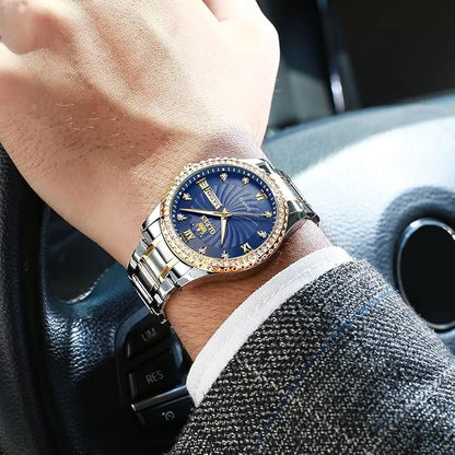 Men's Casual Stainless Steel Watch, Big Face Easy to Read Analog Quartz Watch with Day and Date, Classic Waterproof Diamond Roman Arabic Numerals Dial Dress Watch for Men, Gold Silver Black Band