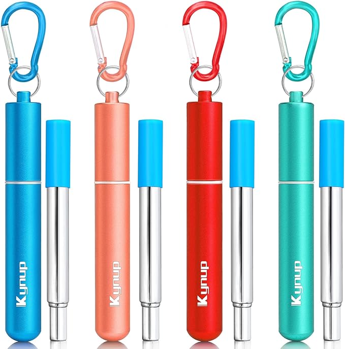 Kynup 4Packs Reusable Straws, Metal Straw with Silicon, Travel Drinking Straws with Case, Keychain, Cleaning Brushes, Silicon Pcs Perfect for Travel, Gifts (20 PCS) Blue-Rose Gold-Red-Turquoise
