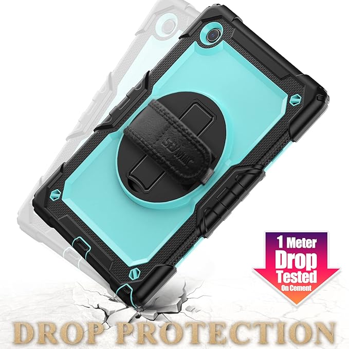 SEYMAC stock Case for Samsung Galaxy Tab A9 8.7'', Full-Body Drop Protection Case with Screen Protector Pencil Holder [360° Rotating Hand Strap] &Stand, SkyBlue+Black